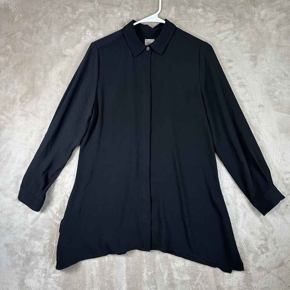Chicos Tunic Shirt Womens 0 Black Button Up Long Sleeve Collared Top Relaxed Fit